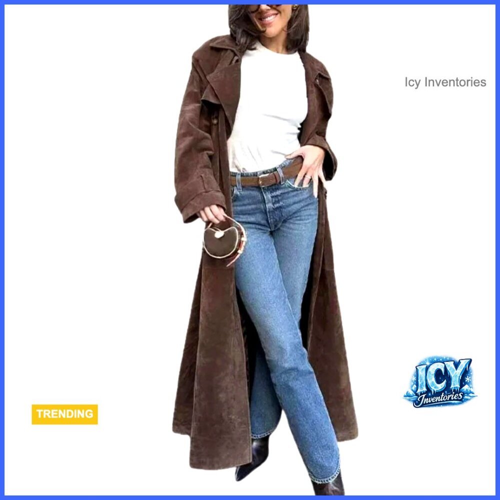 Faux Suede Long Trench Coat Notched Lapel Double Breasted Pea Coat with Belt - Picture 1 of 7